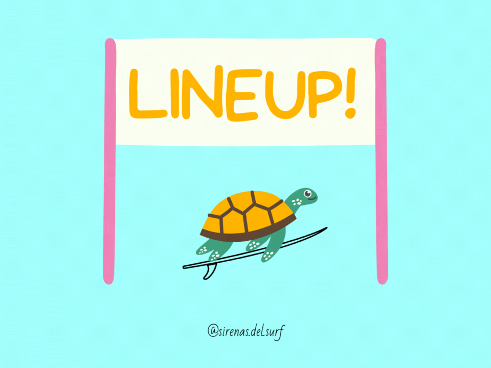funny cartoon of a happy turtle in the lineup after learning the surf turtle roll technique